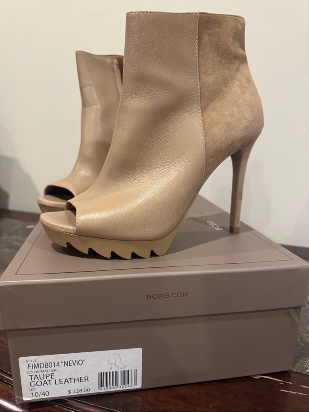 BCBG Taupe Two-Tone Peep-Toe Stiletto Booties